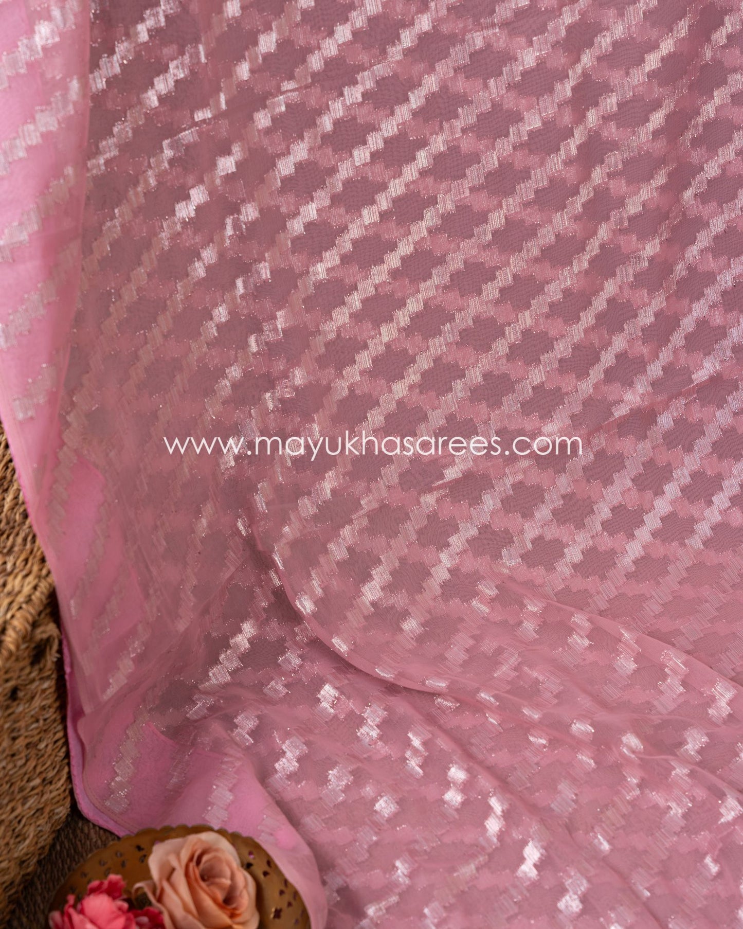 Lavender Blossom: Chikankari And Linen Gorgette Saree With Stitched Custom Blouse