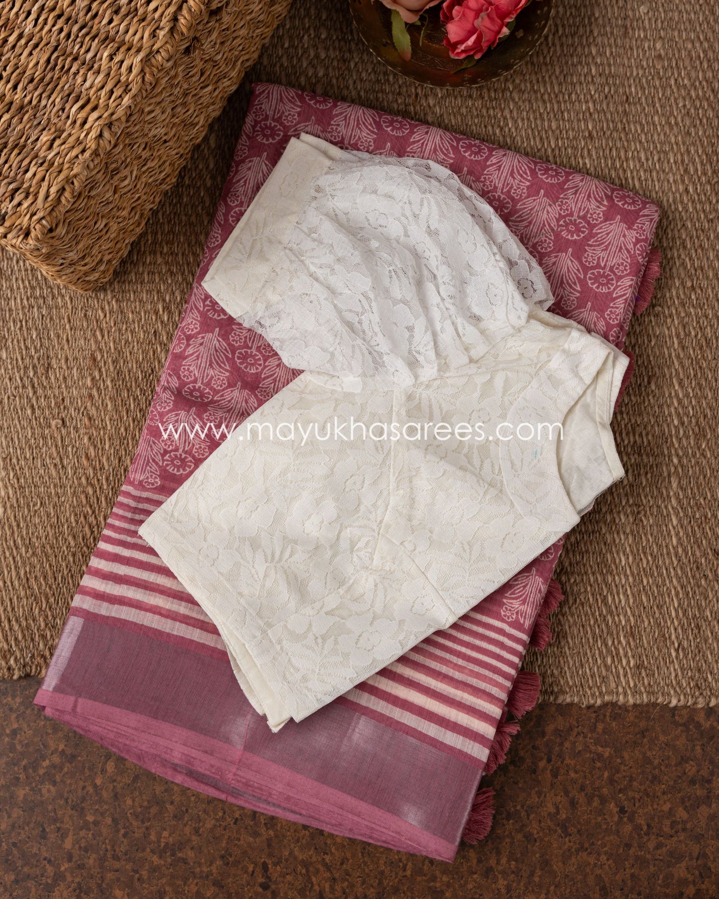 Mauve Lace Elegance: Chanderi Cotton Silk Saree With Stitched Custom Blouse