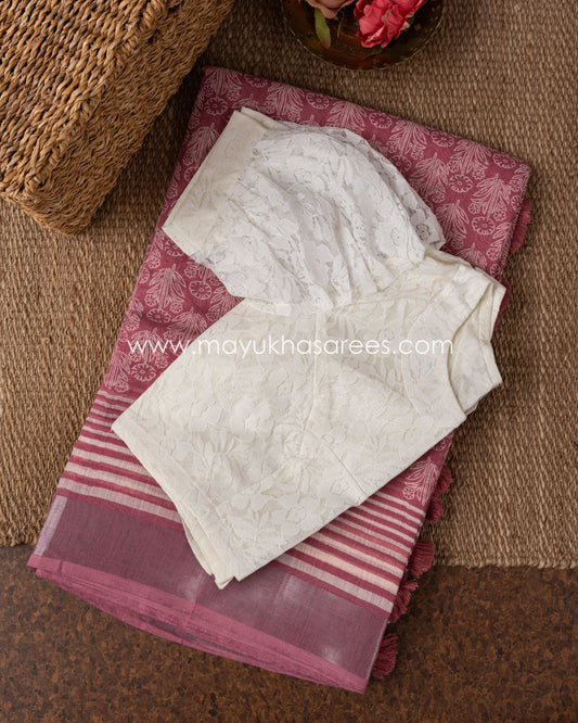Mauve Lace Elegance: Chanderi Cotton Silk Saree With Stitched Custom Blouse