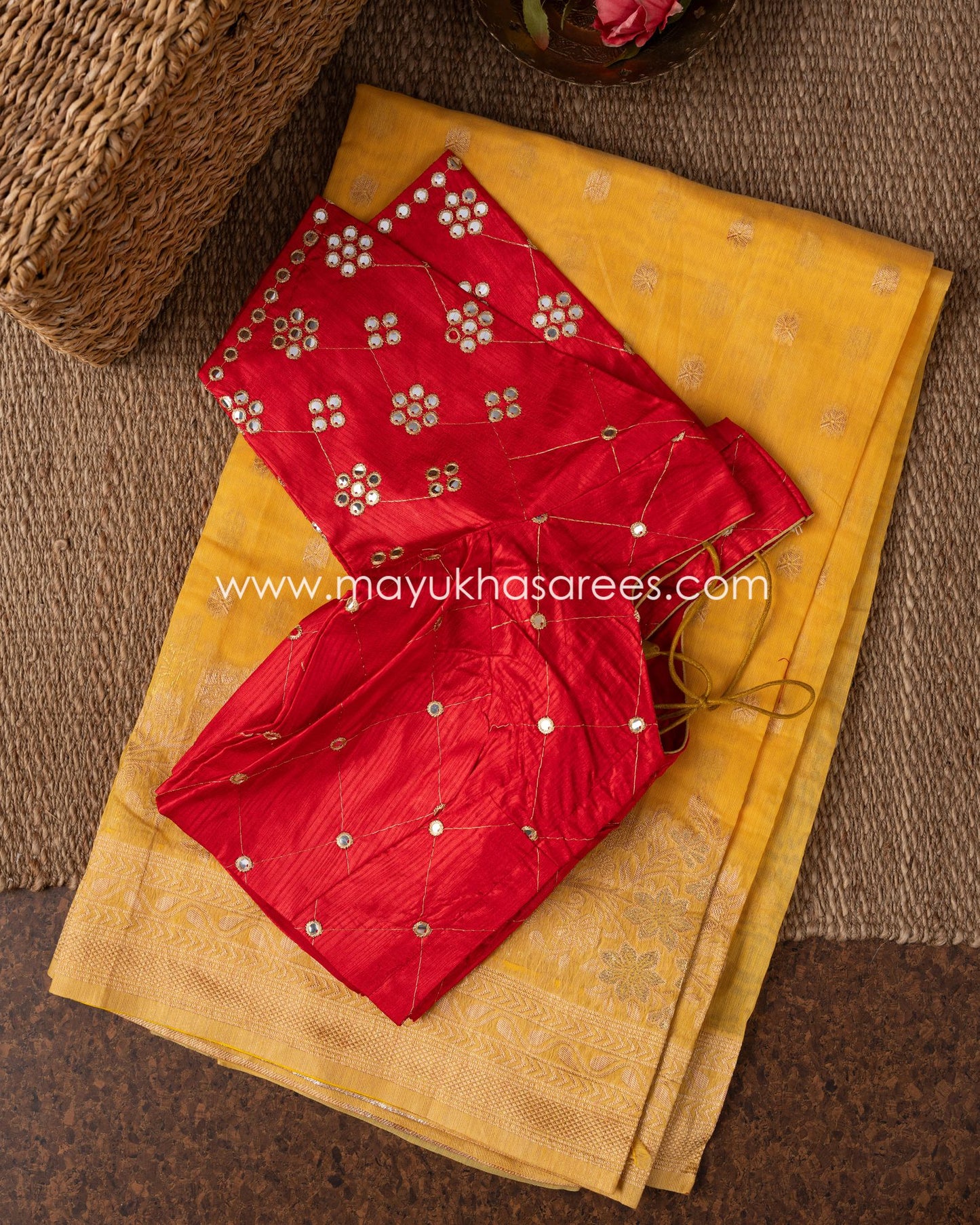 Golden Blossom Banarasi Kora Mustard And Red Designer Saree