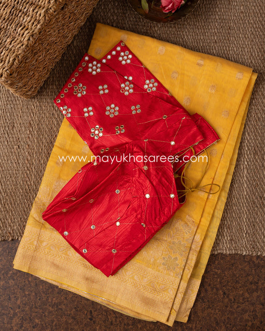 Golden Blossom Banarasi Kora Mustard And Red Designer Saree