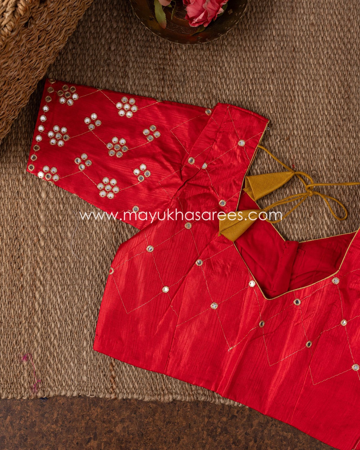 Golden Blossom Banarasi Kora Mustard And Red Designer Saree
