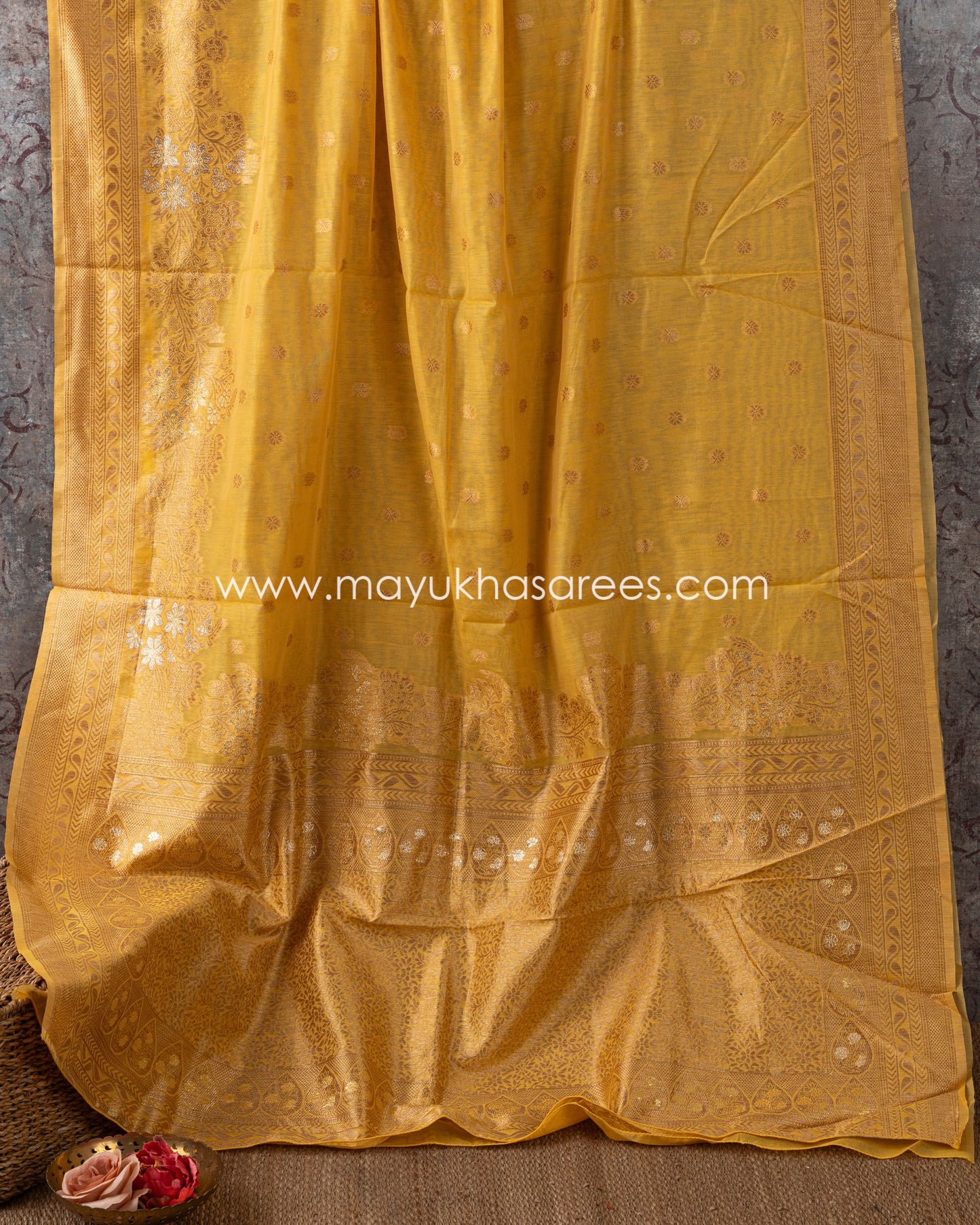 Golden Blossom Banarasi Kora Mustard And Red Designer Saree