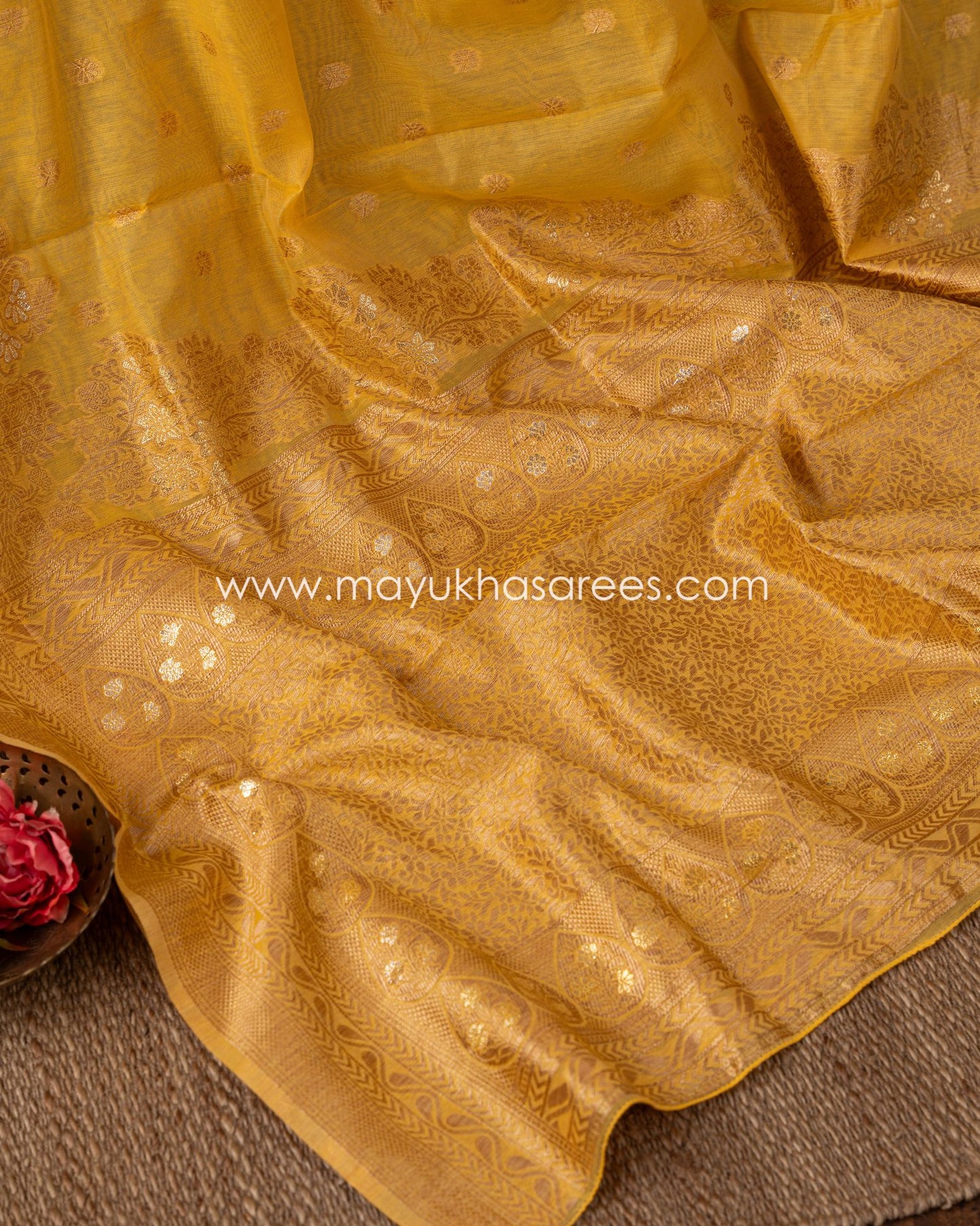 Golden Blossom Banarasi Kora Mustard And Red Designer Saree