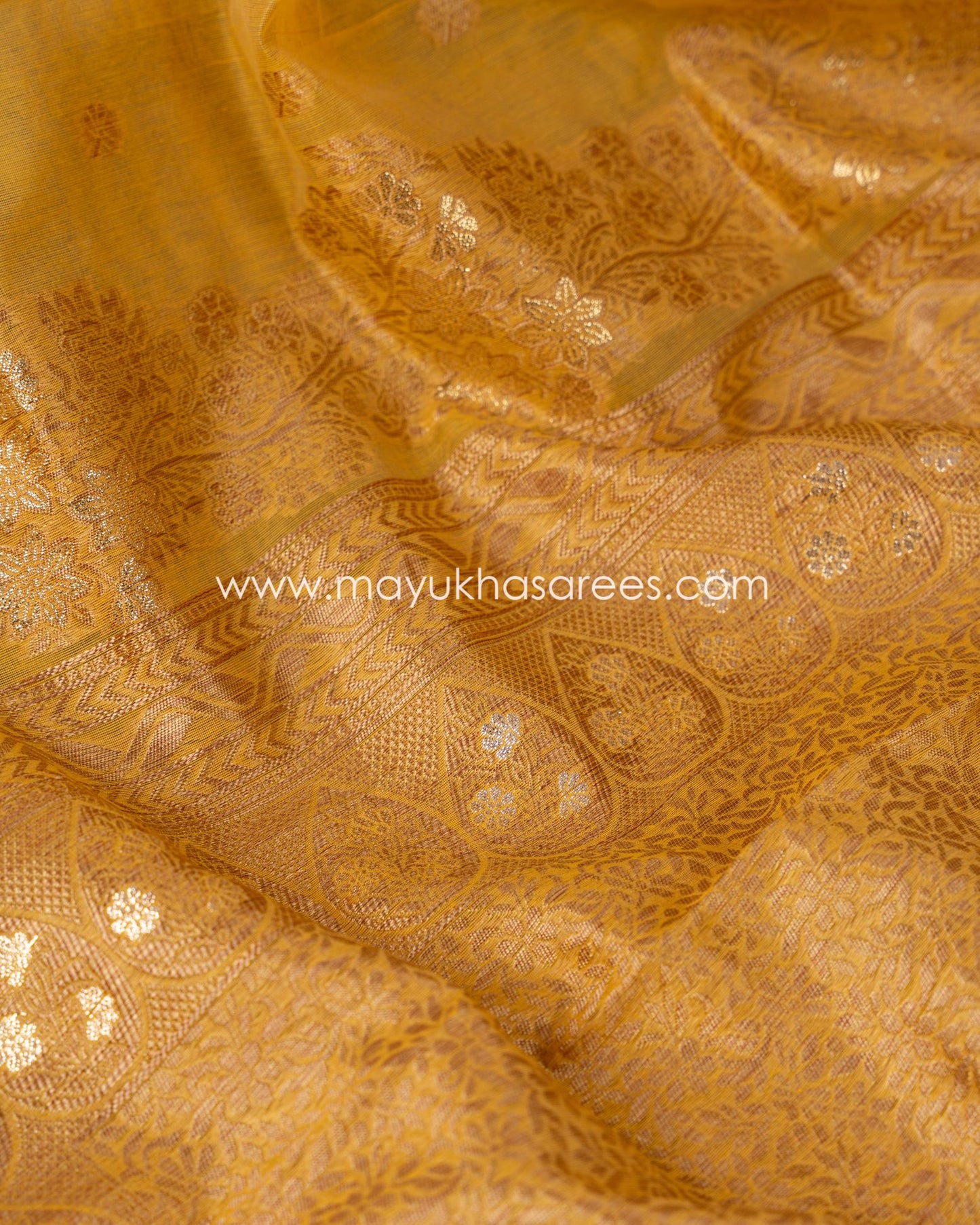 Golden Blossom Banarasi Kora Mustard And Red Designer Saree