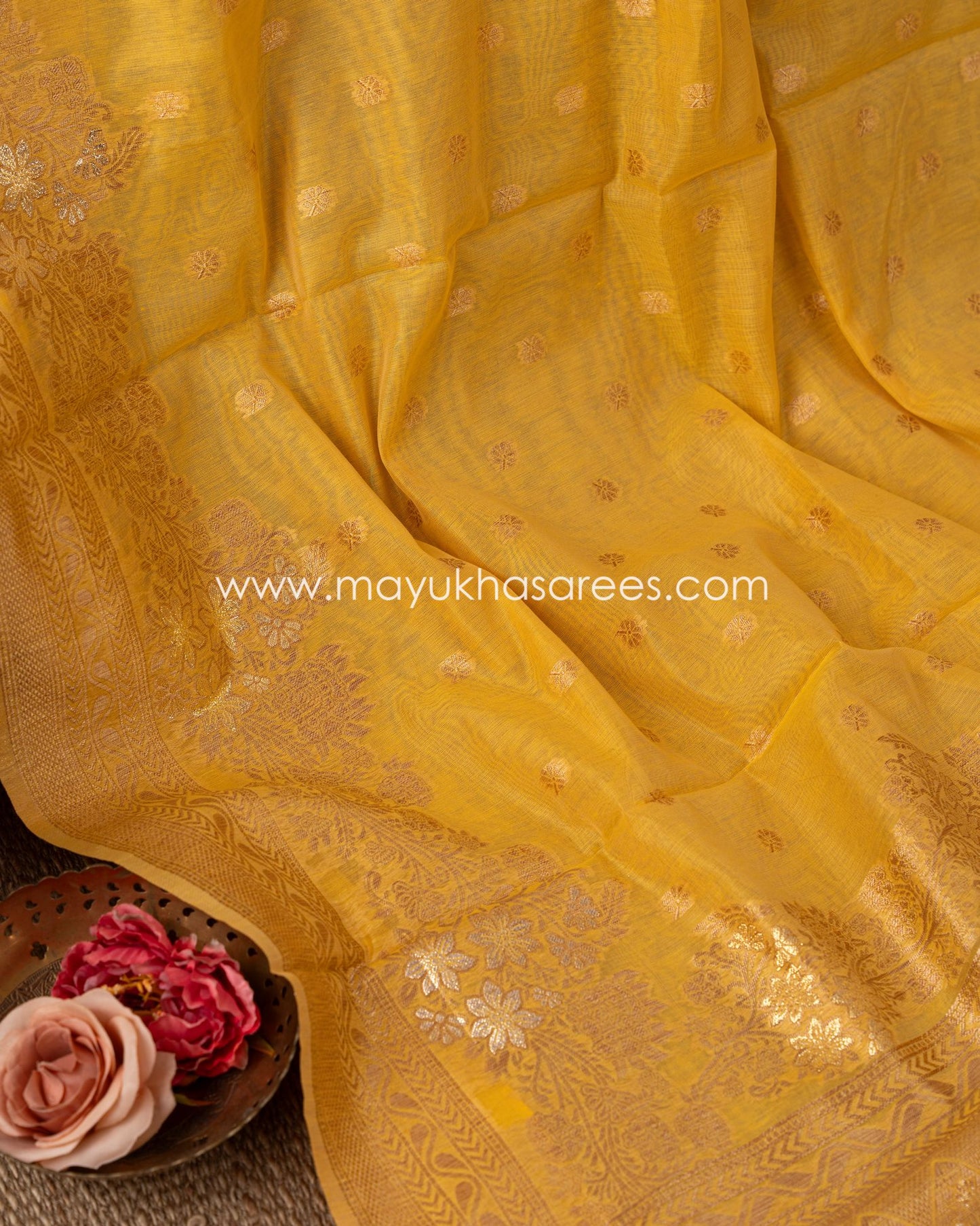 Golden Blossom Banarasi Kora Mustard And Red Designer Saree