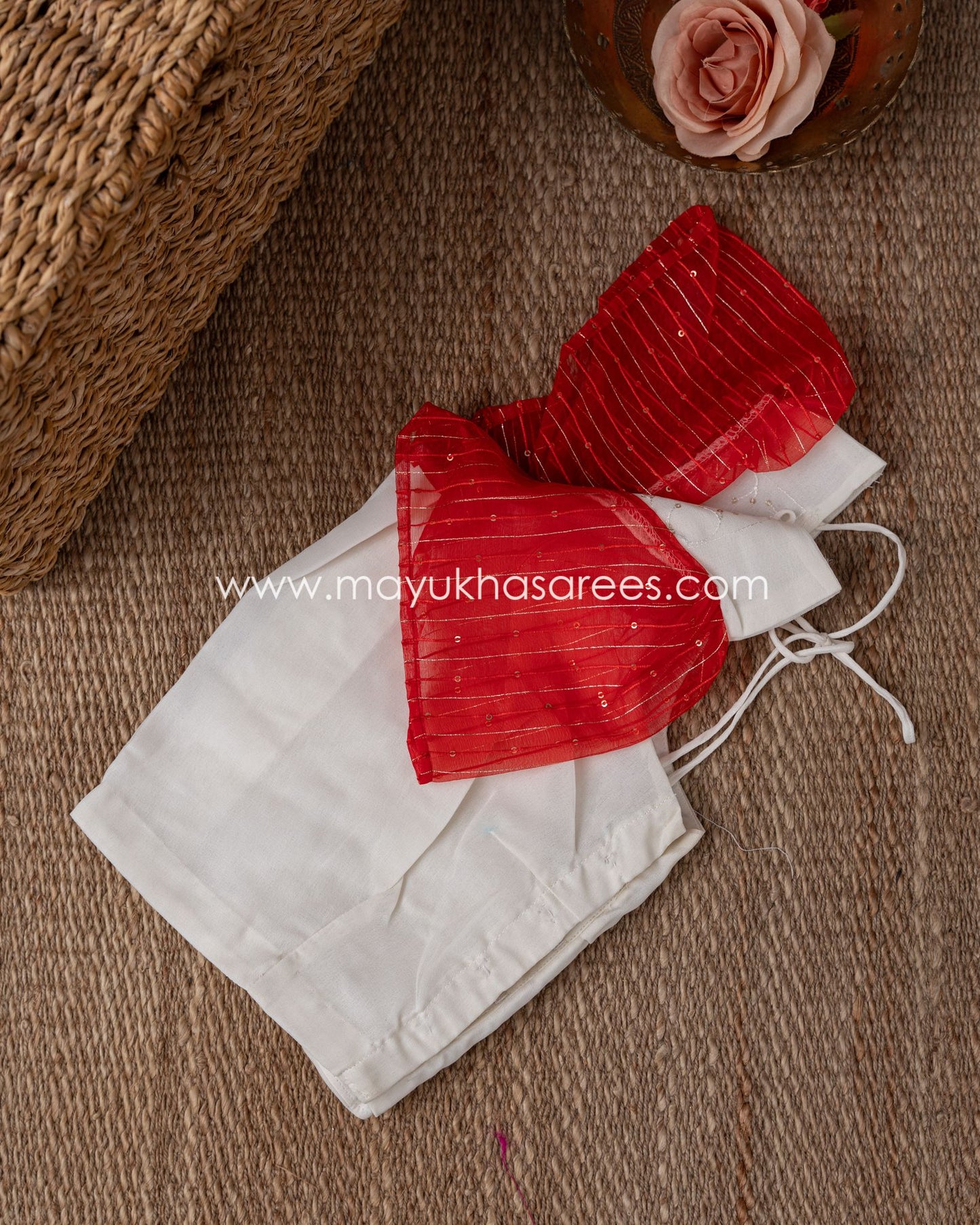 Silk Symphony: Elegant White And Red Gorgette Saree With Stitched Custom Blouse