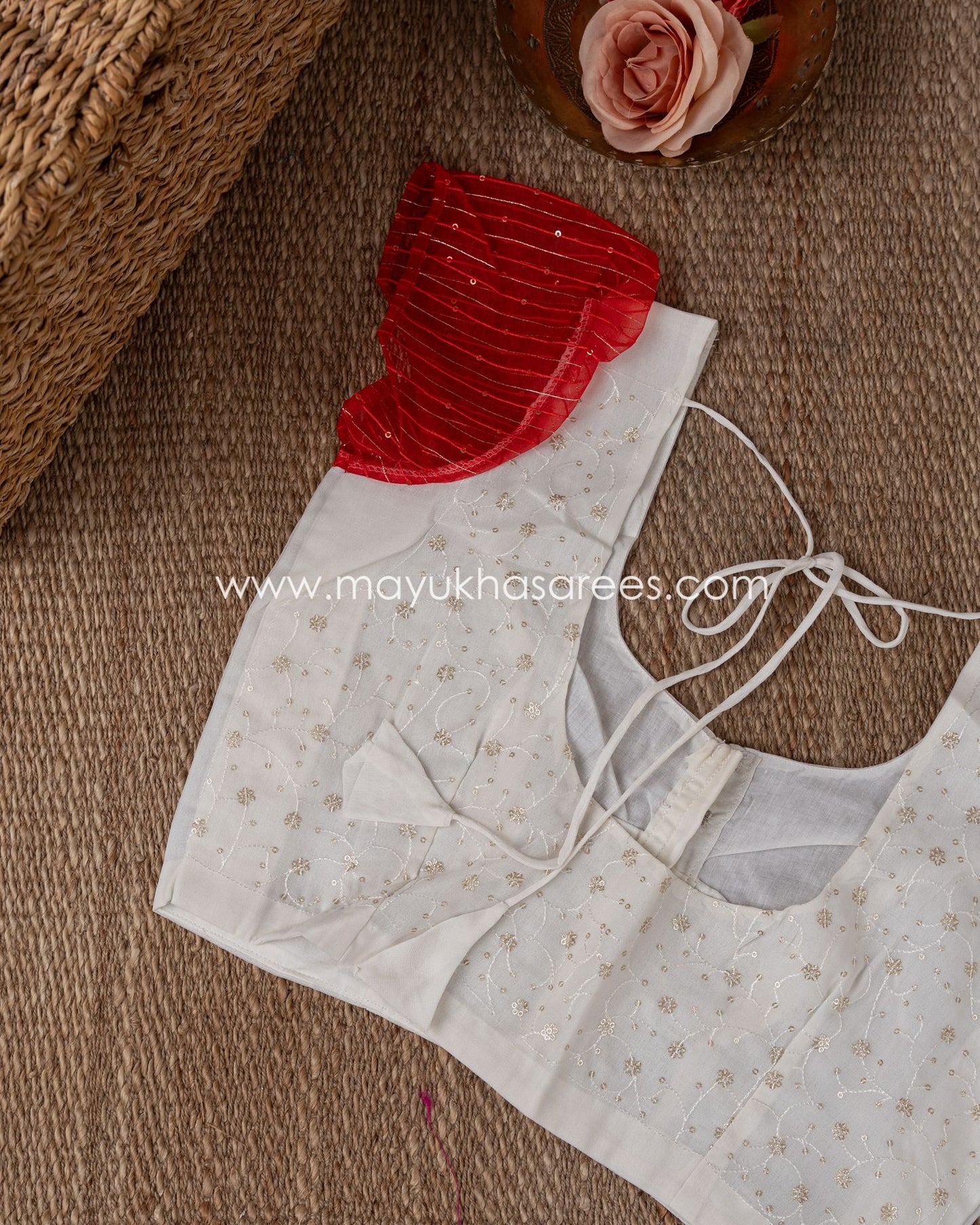 Silk Symphony: Elegant White And Red Gorgette Saree With Stitched Custom Blouse