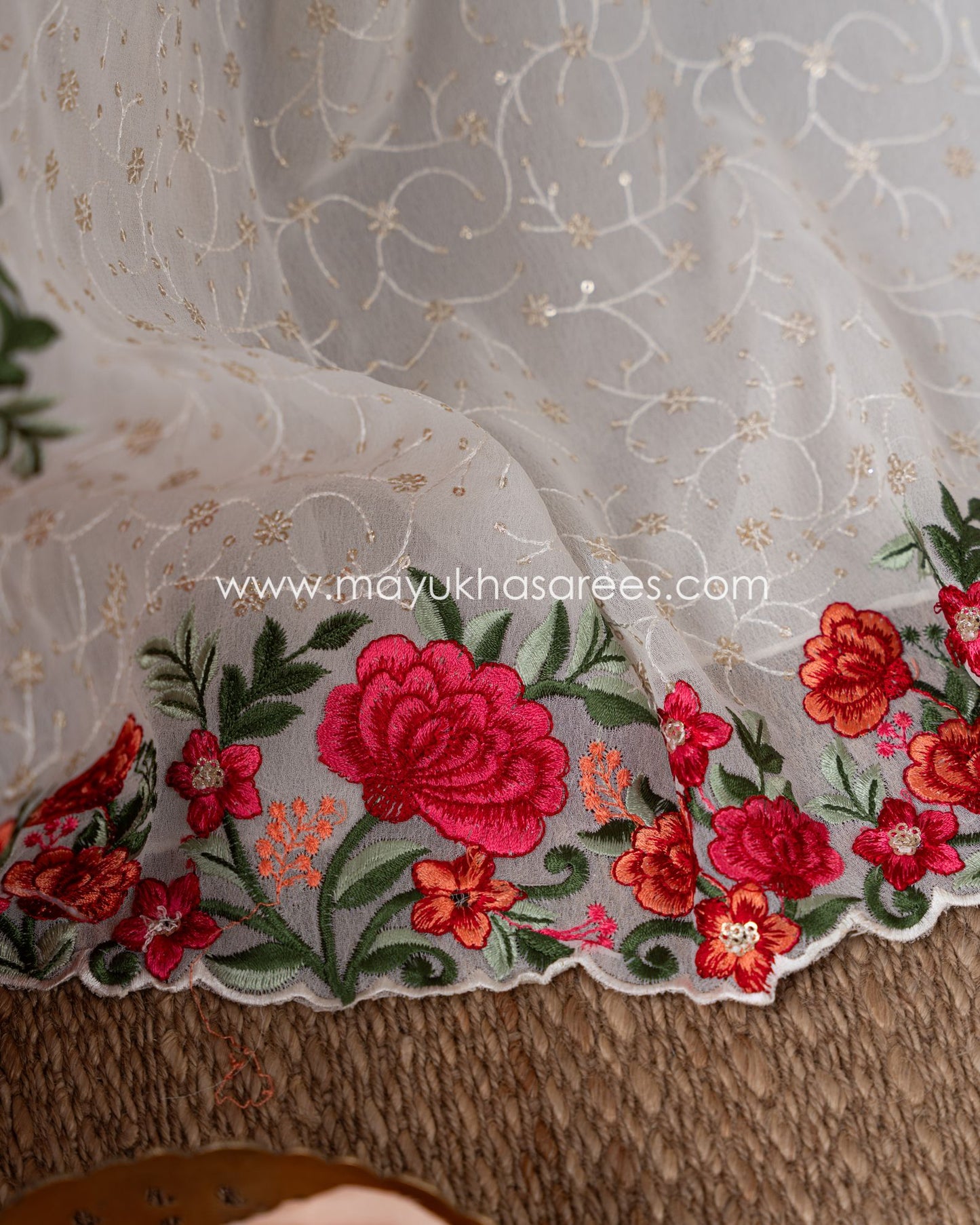 Silk Symphony: Elegant White And Red Gorgette Saree With Stitched Custom Blouse