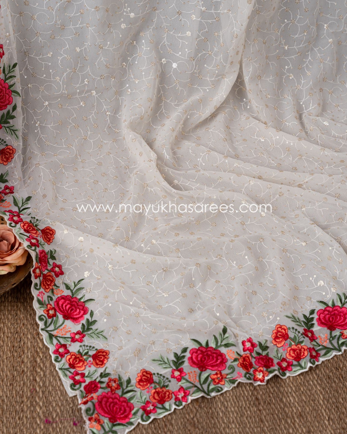 Silk Symphony: Elegant White And Red Gorgette Saree With Stitched Custom Blouse
