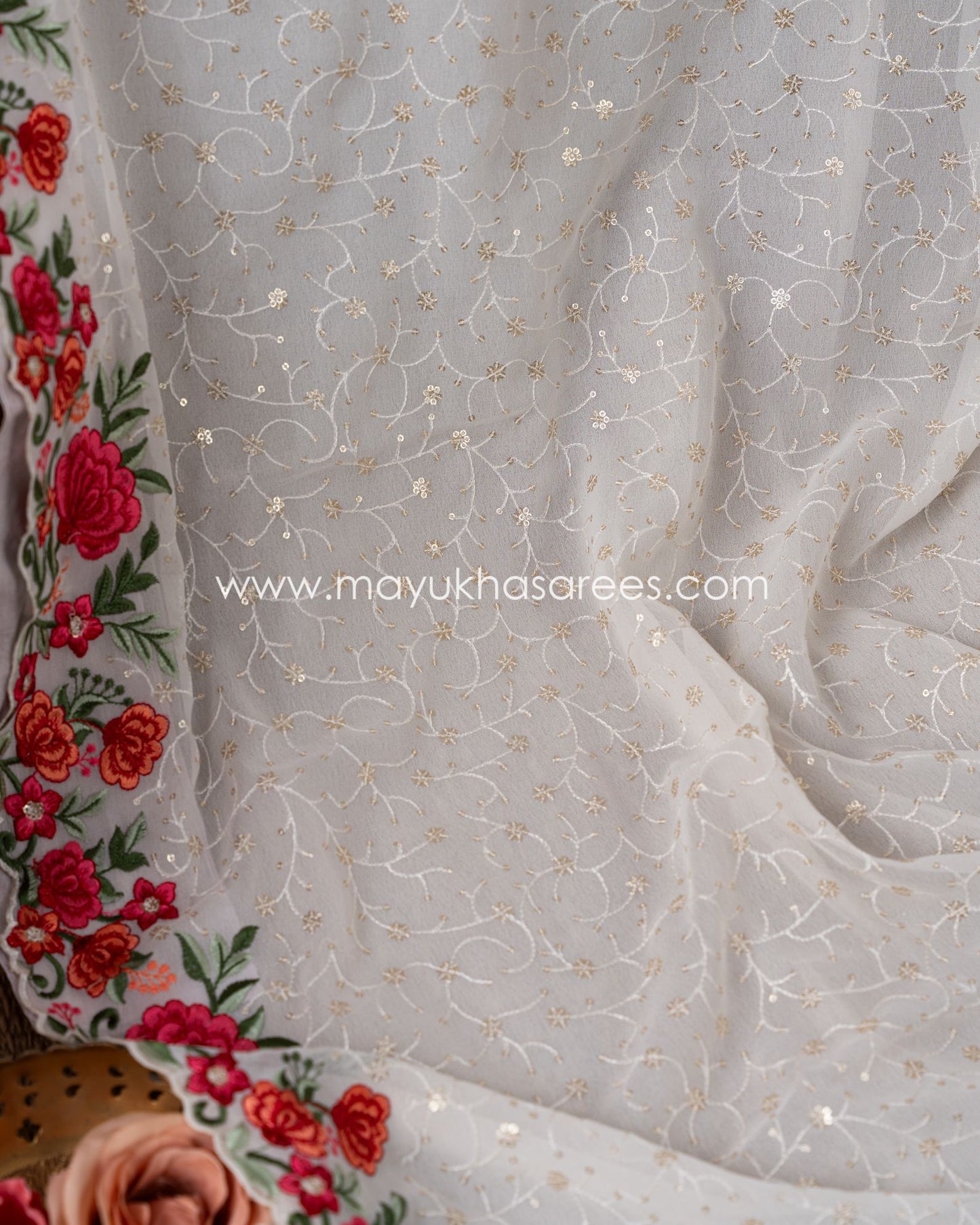Silk Symphony: Elegant White And Red Gorgette Saree With Stitched Custom Blouse