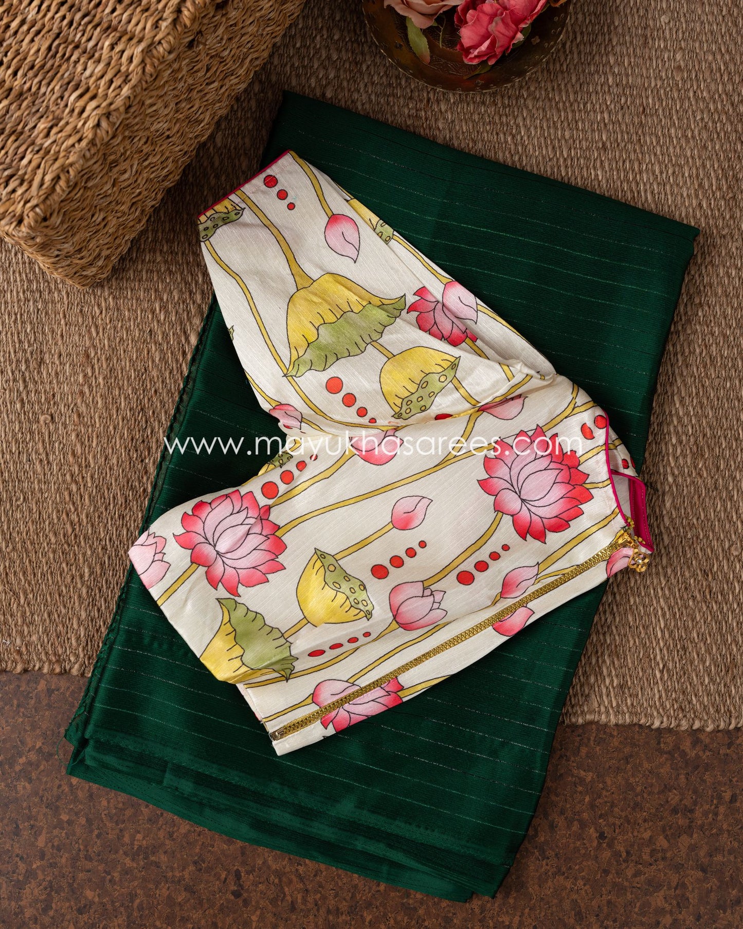 Emerald Bliss: Chiffon And Kalamkari Printed Silk Saree With Stitched Custom Blouse
