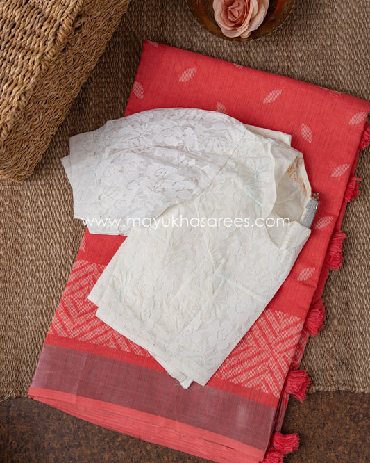 Peachy Elegance: Chanderi Cotton Silk Saree With Lace Blouse
