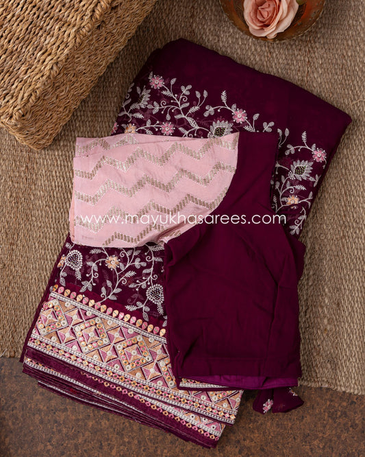 Silk Wine And Pink Kashmiri Work Designer Saree With Stitched Custom Blouse