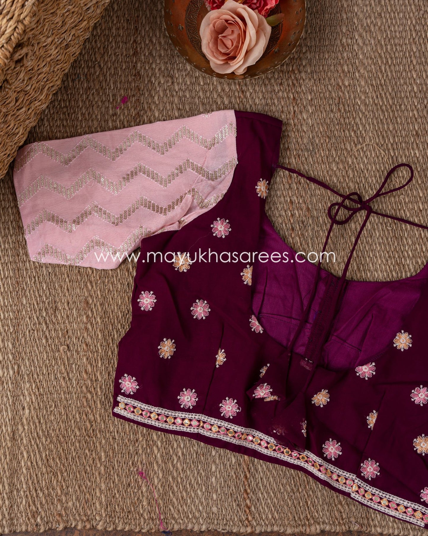 Silk Wine And Pink Kashmiri Work Designer Saree With Stitched Custom Blouse