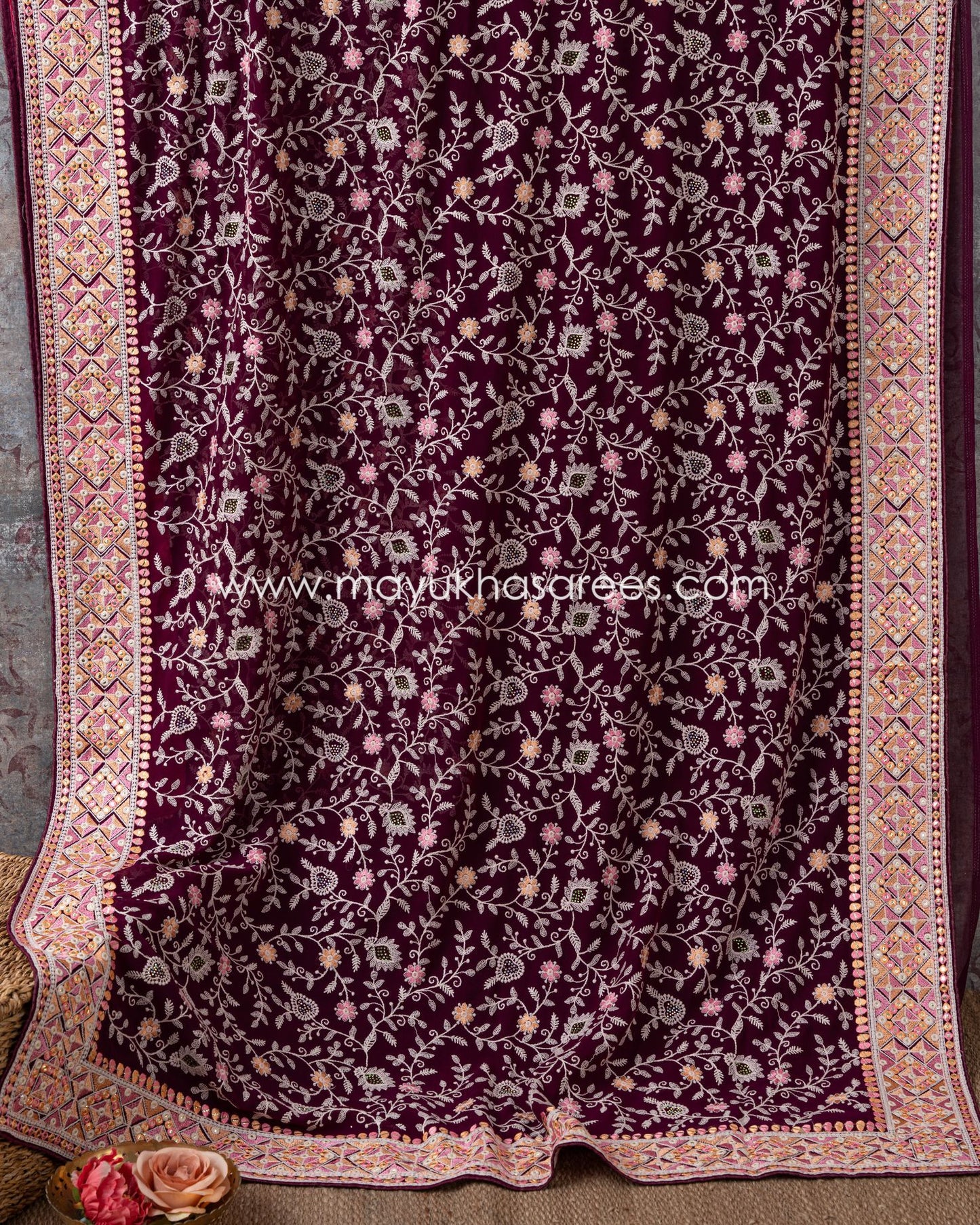 Silk Wine And Pink Kashmiri Work Designer Saree With Stitched Custom Blouse