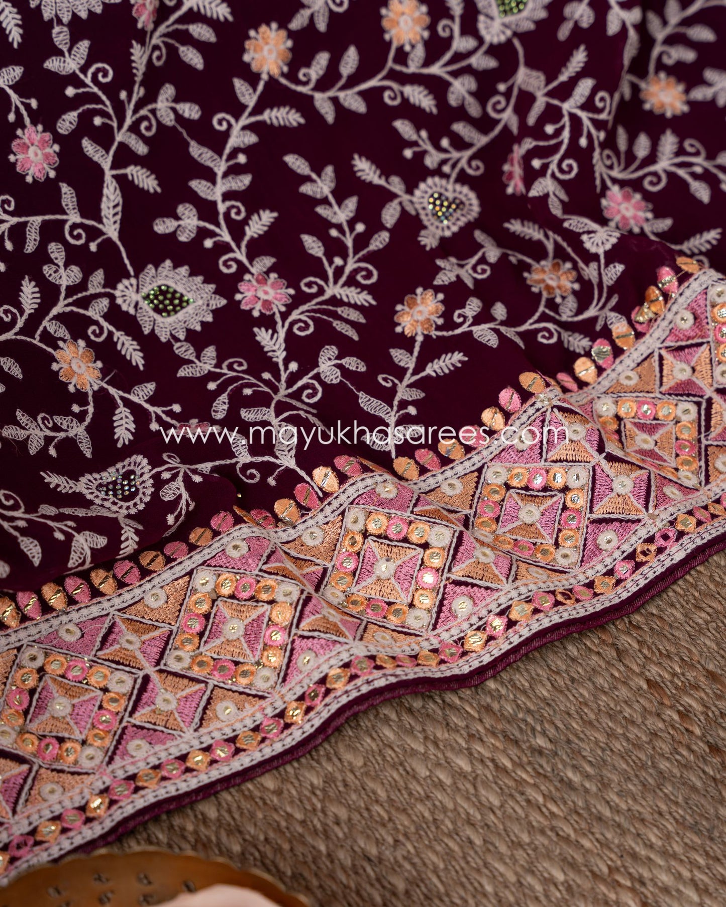 Silk Wine And Pink Kashmiri Work Designer Saree With Stitched Custom Blouse