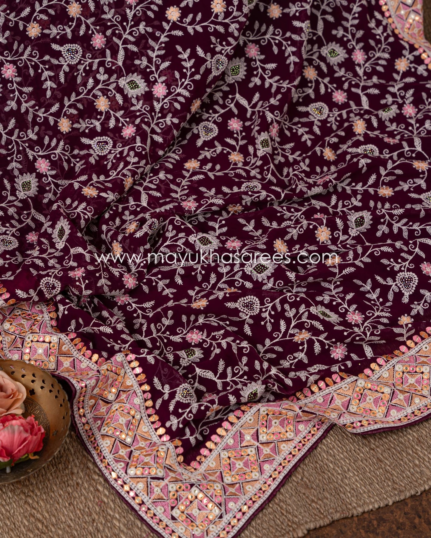 Silk Wine And Pink Kashmiri Work Designer Saree With Stitched Custom Blouse