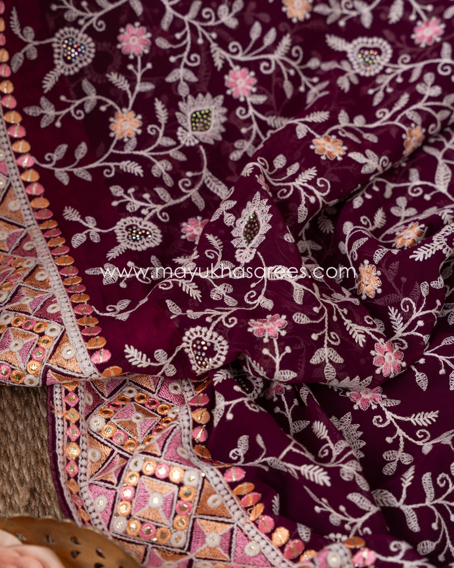 Silk Wine And Pink Kashmiri Work Designer Saree With Stitched Custom Blouse