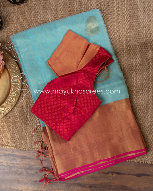 Silk Bliss: Kanchipuram Kora Pure Silk Ice Blue And Magenta Saree