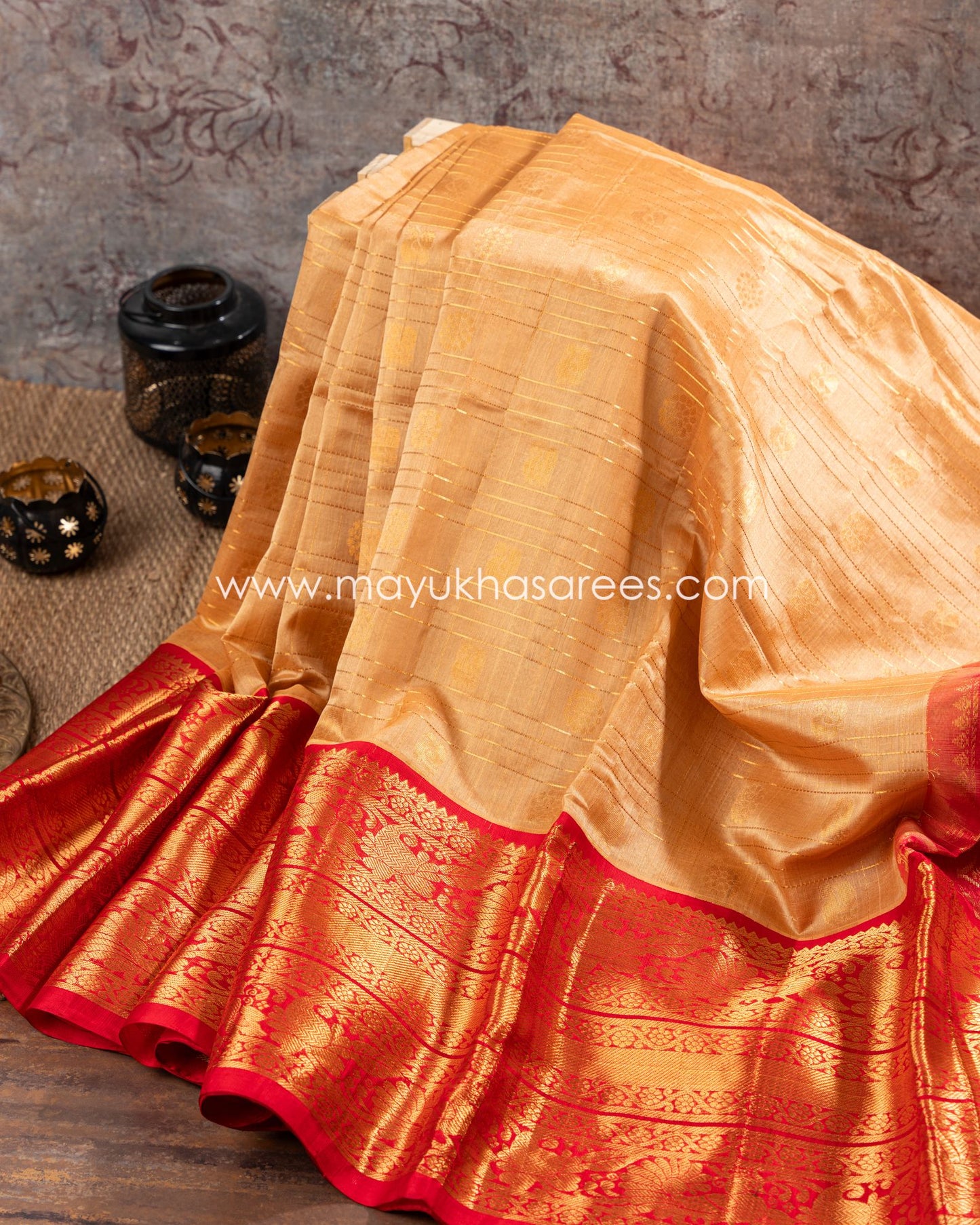Silk Bliss: Beige And Red Kanchipuram Kuppadam Saree With Stitched Custom Blouse