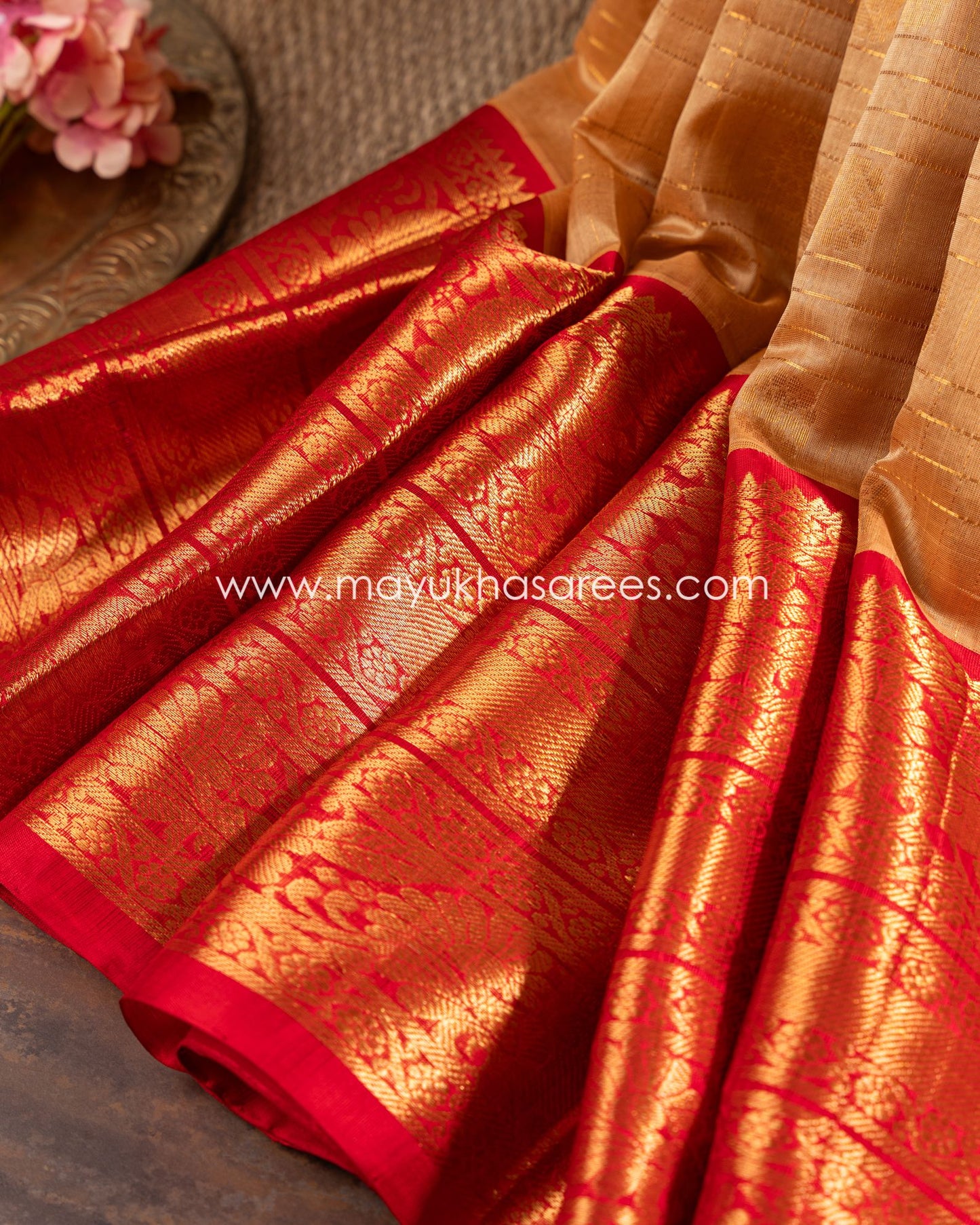 Silk Bliss: Beige And Red Kanchipuram Kuppadam Saree With Stitched Custom Blouse