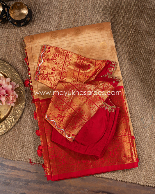 Silk Bliss: Beige And Red Kanchipuram Kuppadam Saree With Stitched Custom Blouse