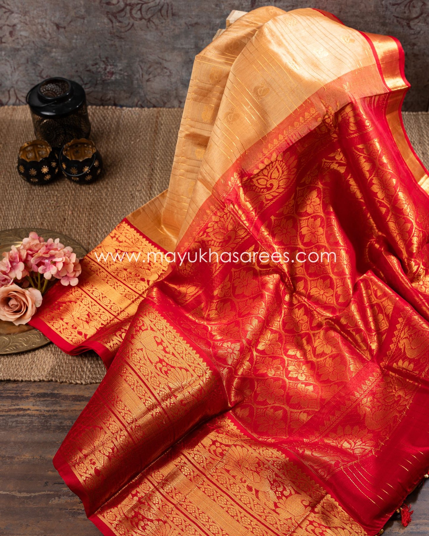 Silk Bliss: Beige And Red Kanchipuram Kuppadam Saree With Stitched Custom Blouse