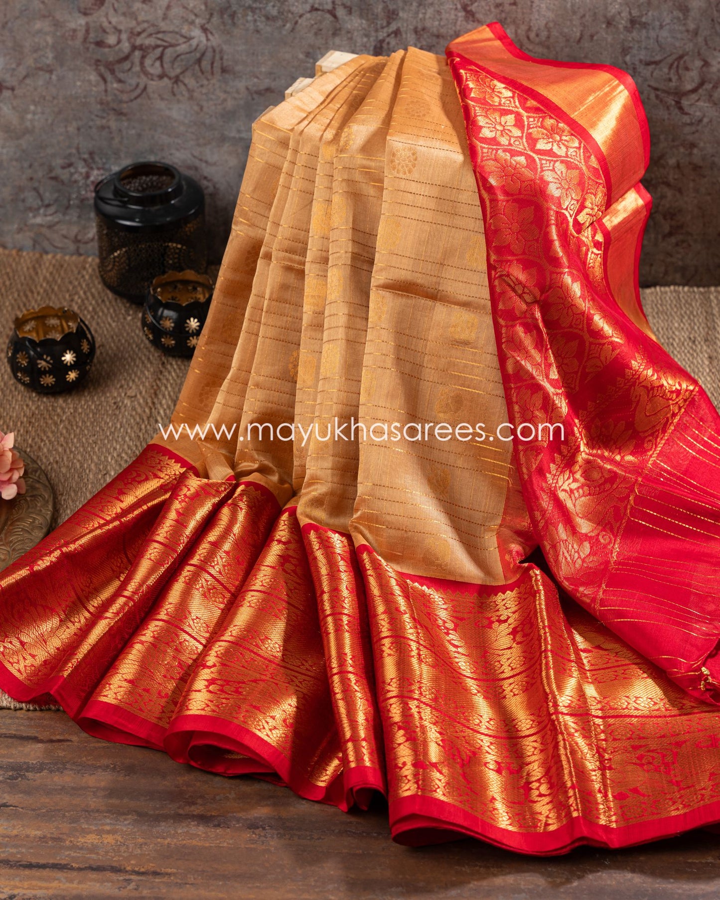 Silk Bliss: Beige And Red Kanchipuram Kuppadam Saree With Stitched Custom Blouse