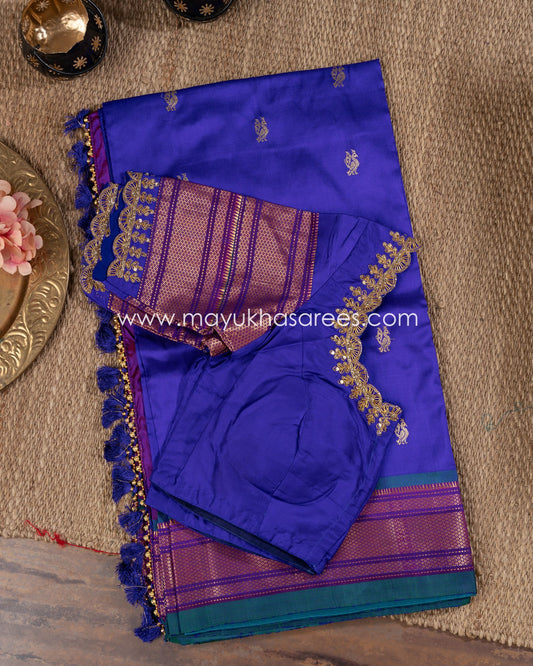 Emerald Peacock Silk Saree With Nauwari Border And Fancy Pallu