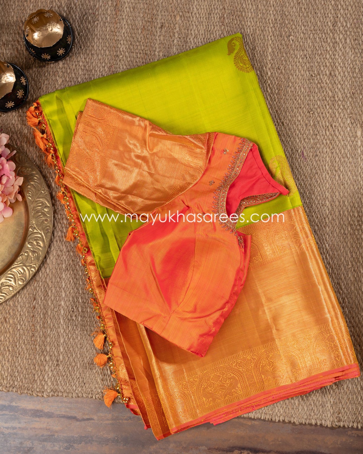 Copper Weave Leaf Green And Orange Kanchipuram Silk Saree Set