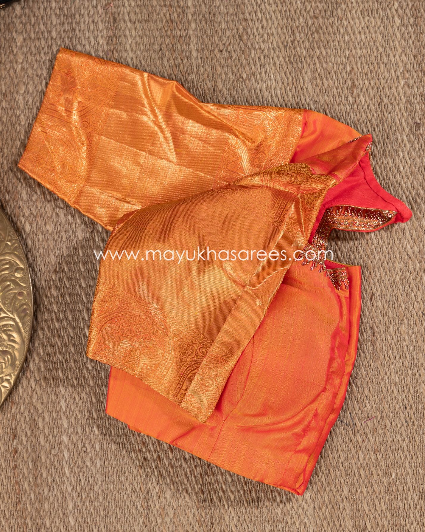 Copper Weave Leaf Green And Orange Kanchipuram Silk Saree Set