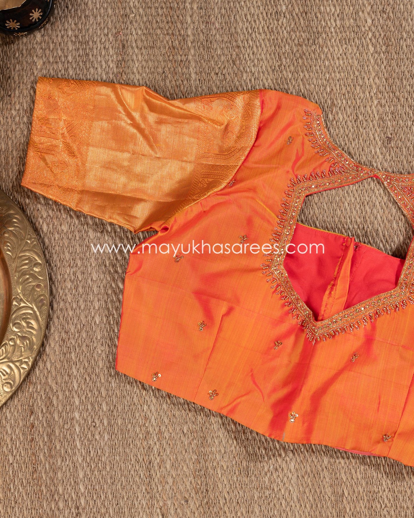 Copper Weave Leaf Green And Orange Kanchipuram Silk Saree Set