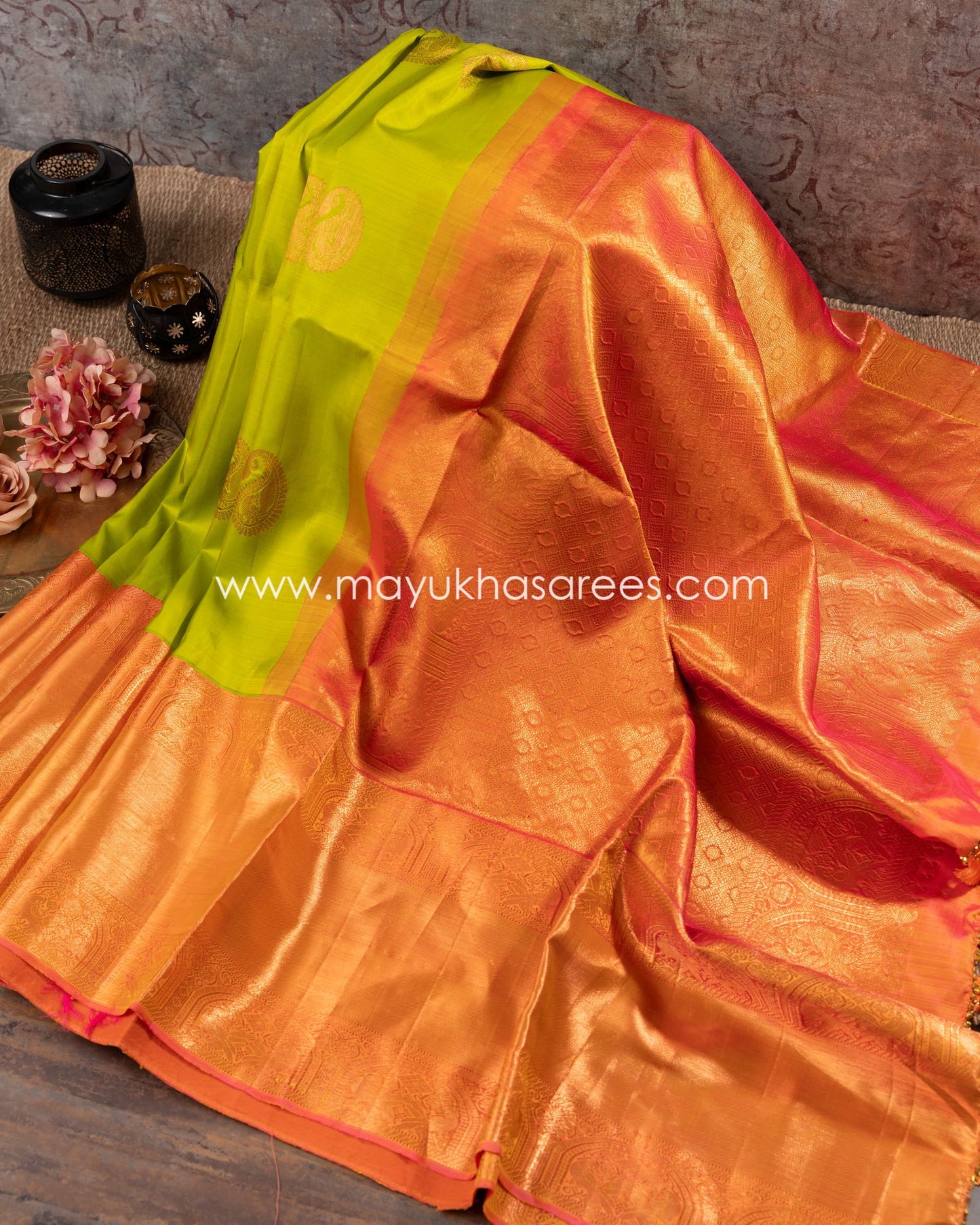 Copper Weave Leaf Green And Orange Kanchipuram Silk Saree Set
