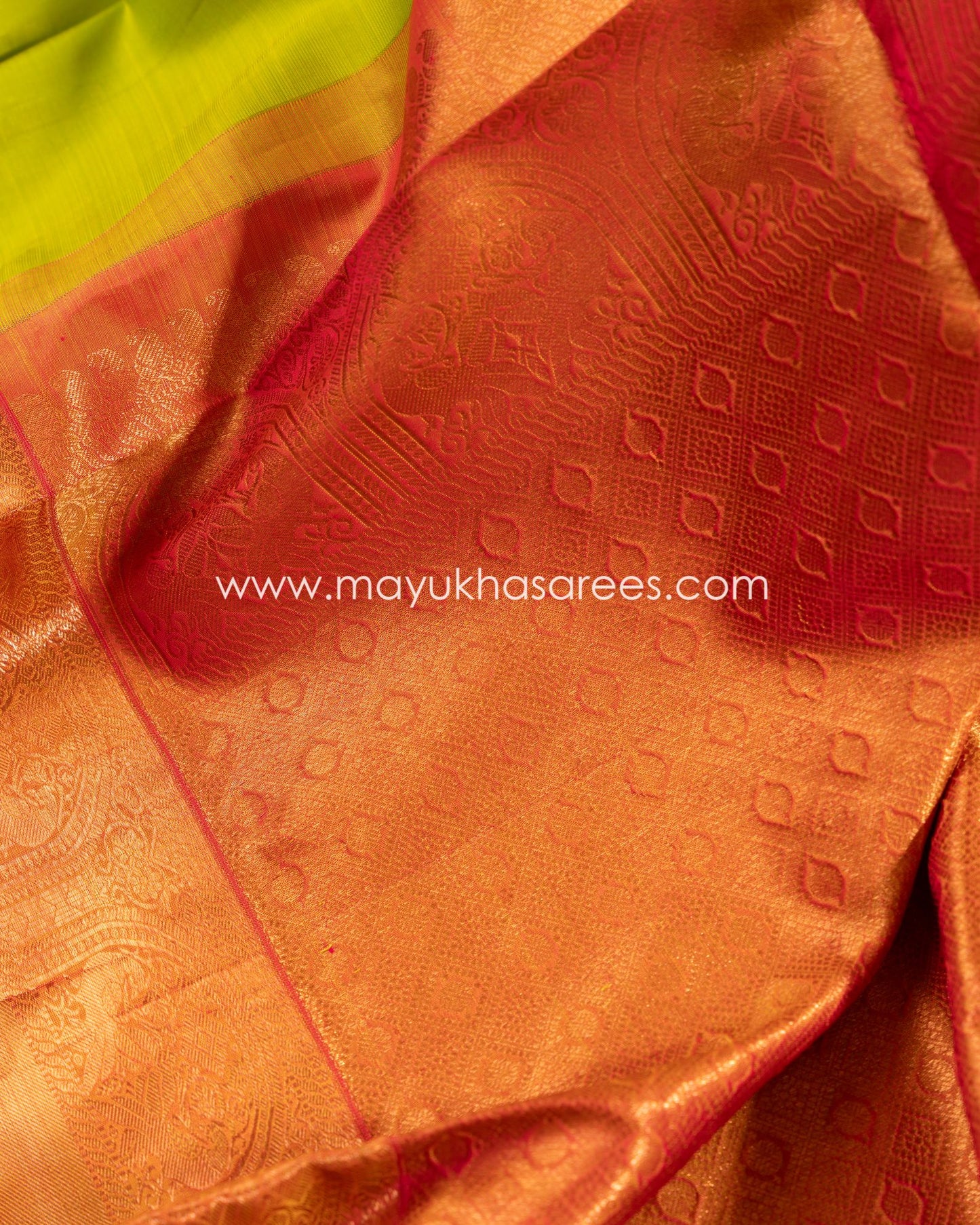 Copper Weave Leaf Green And Orange Kanchipuram Silk Saree Set