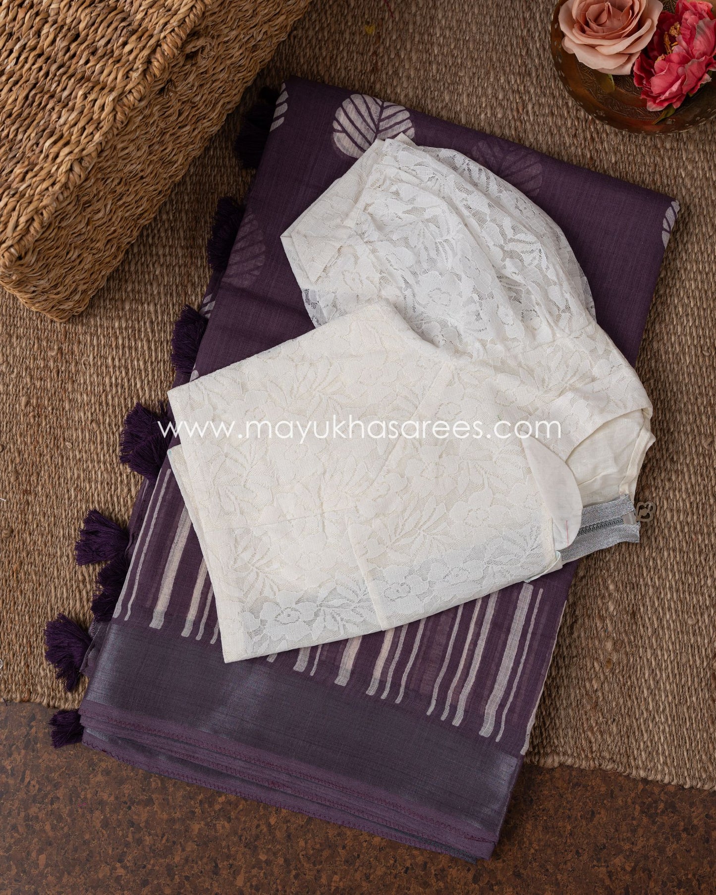 Chanderi Wine And White Cotton Silk Saree With Lace Blouse