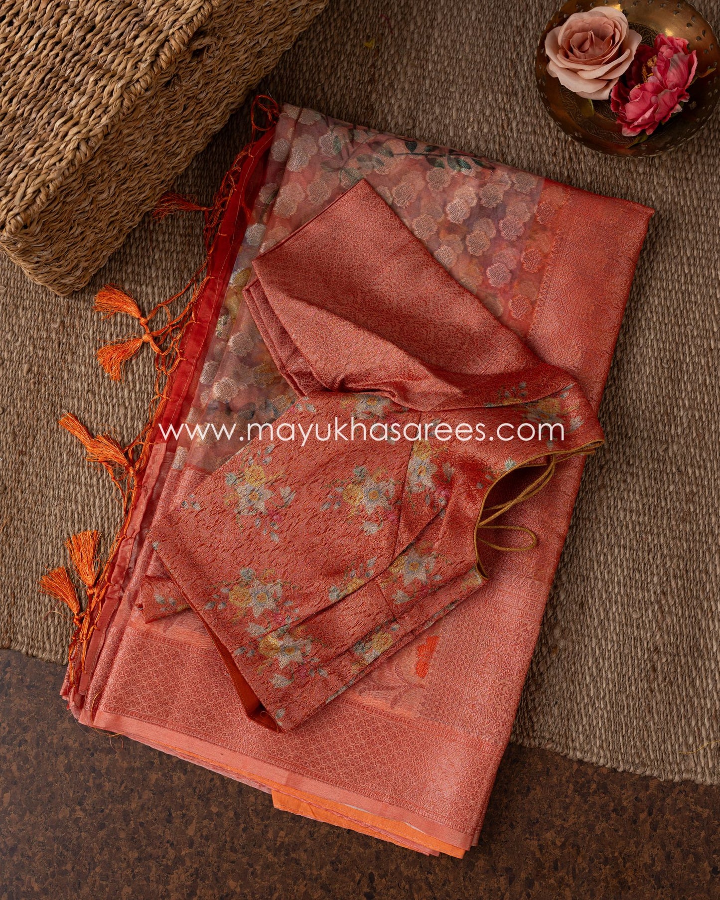 Pastel Pink Banarasi Kora Saree With Stitched Custom Blouse Size 38-44
