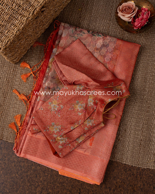 Pastel Pink Banarasi Kora Saree With Stitched Custom Blouse Size 38-44