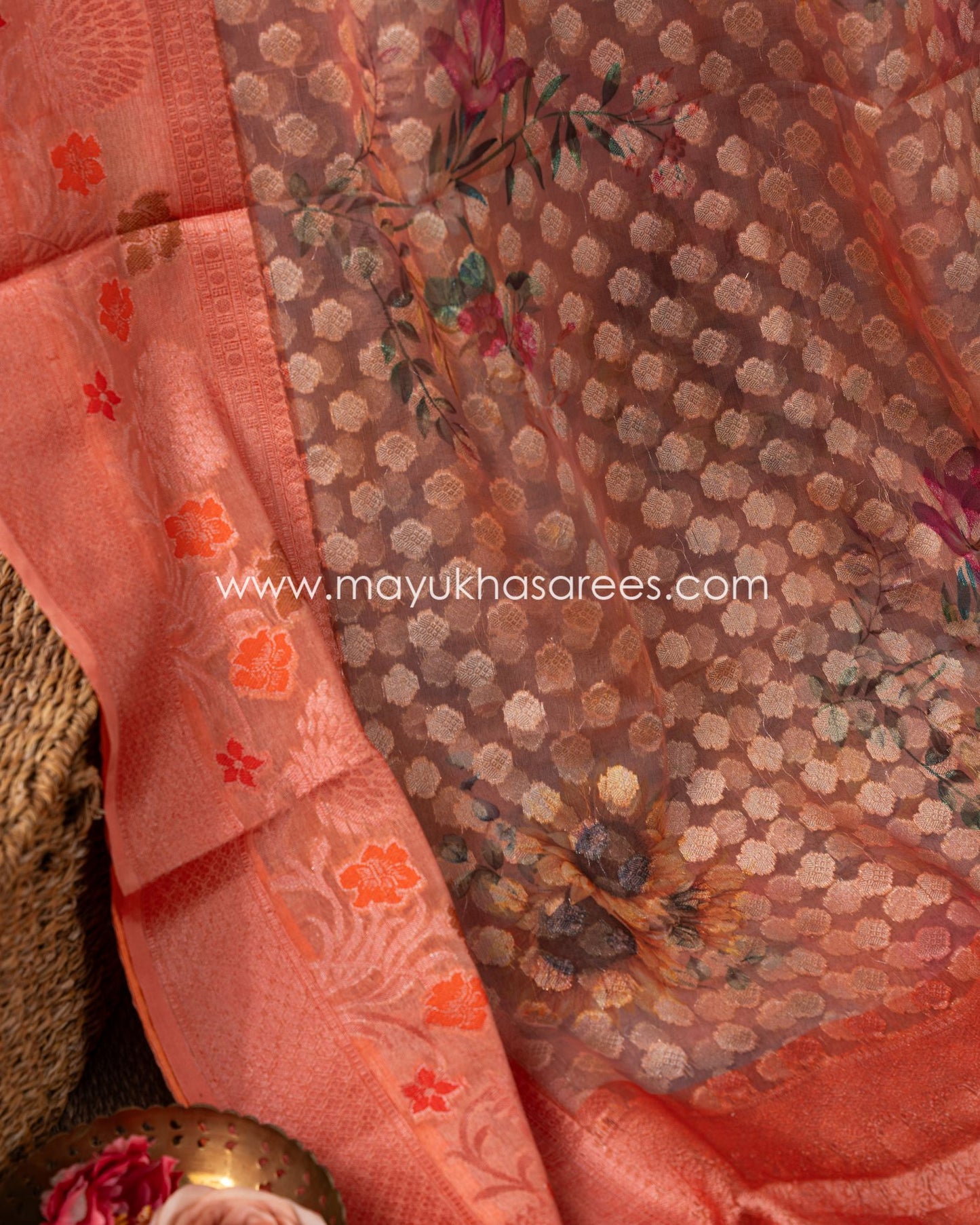 Pastel Pink Banarasi Kora Saree With Stitched Custom Blouse Size 38-44