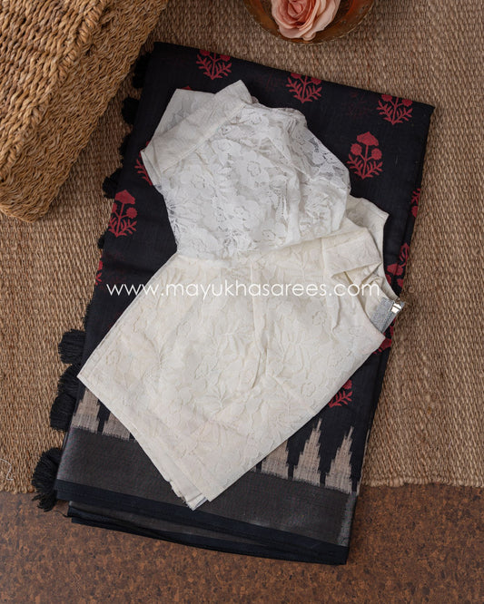 Silk And Lace Fusion: Black And White Chanderi Saree With Stitched Custom Blouse