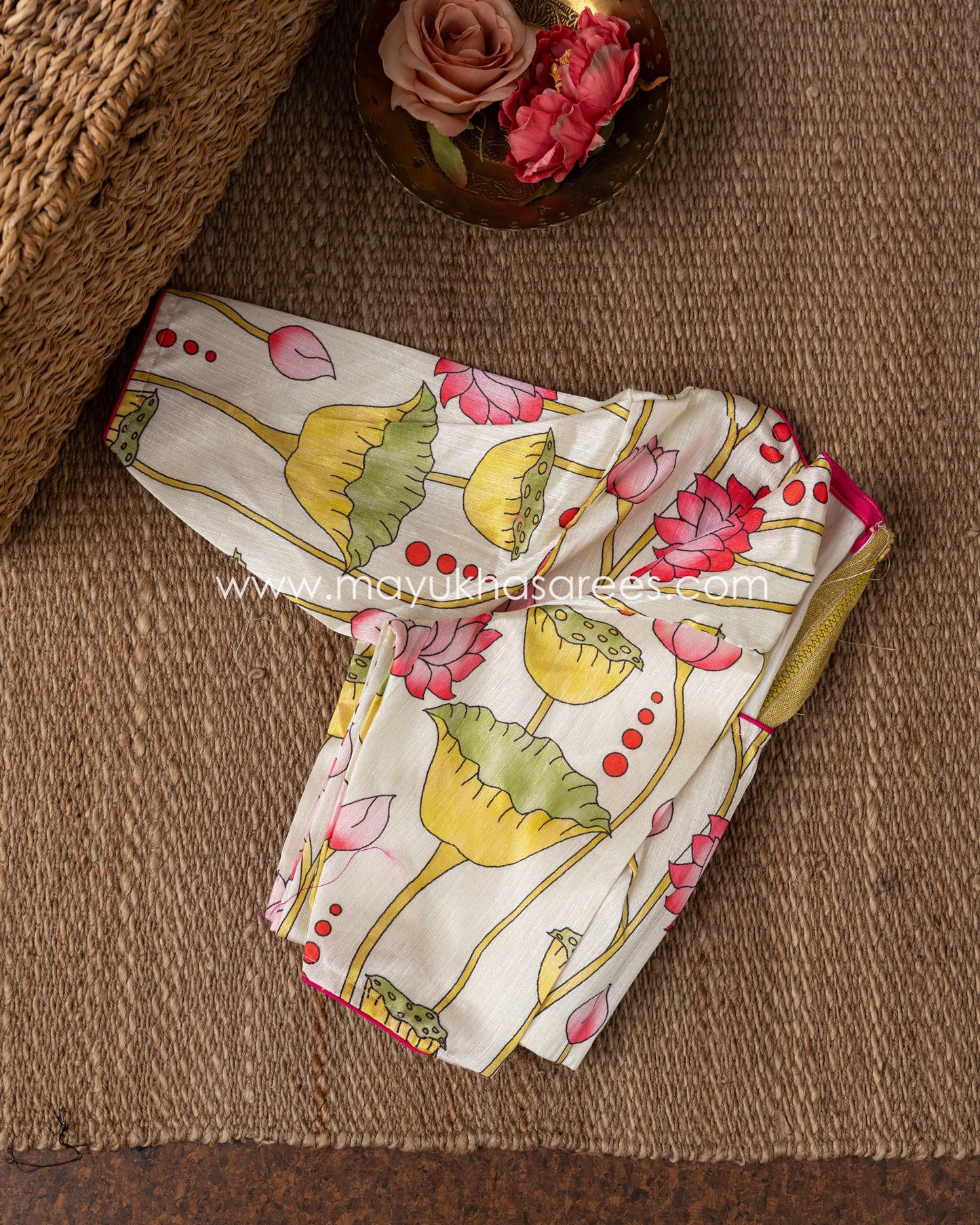 Peach Blossom Silk Saree With Kalamkari Blouse - Chiffon Weave