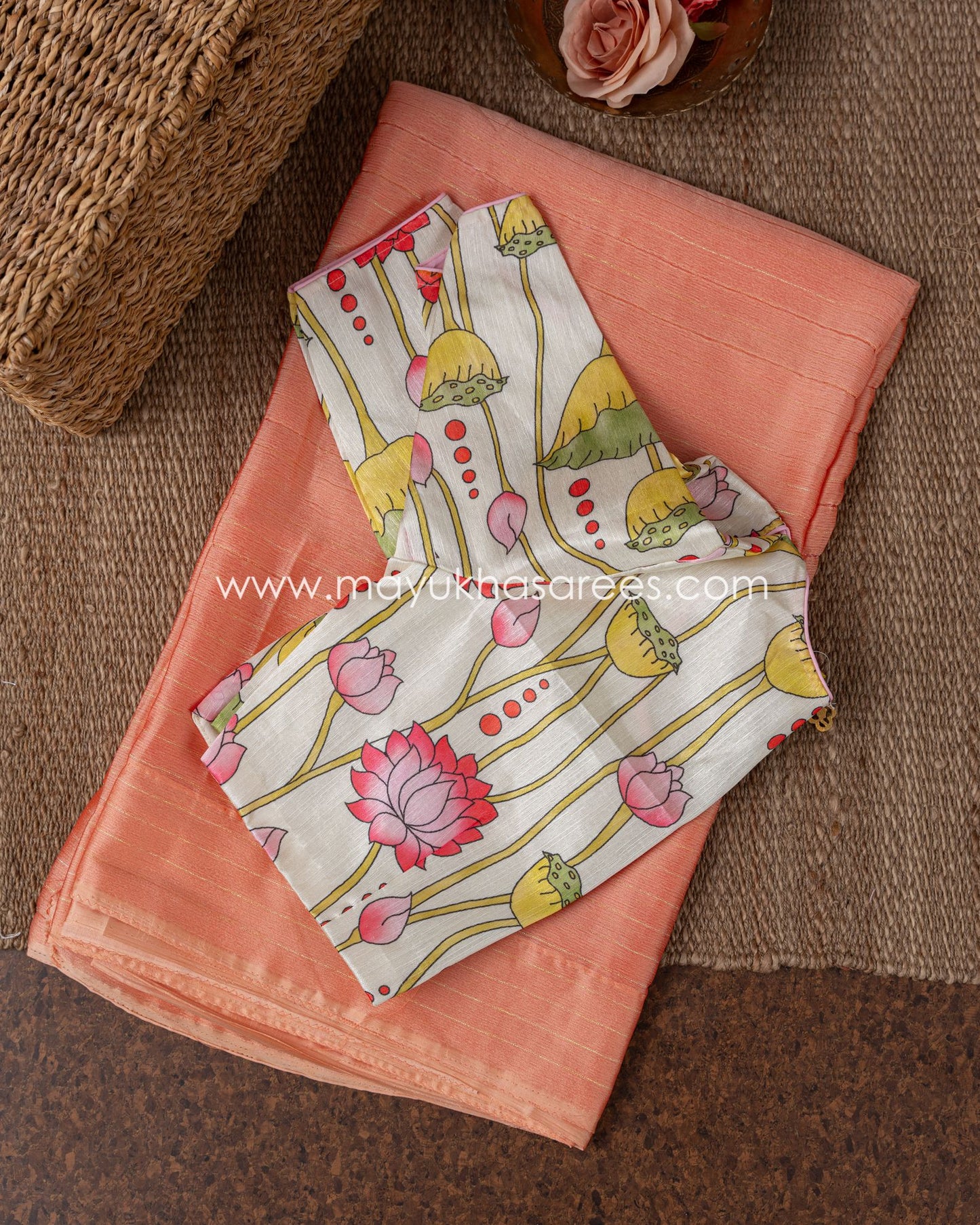Peach Blossom Silk Saree With Kalamkari Blouse - Chiffon Weave