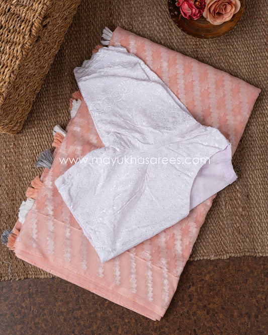 Pastel Orange And White Chikankari And Linen Gorgette Saree
