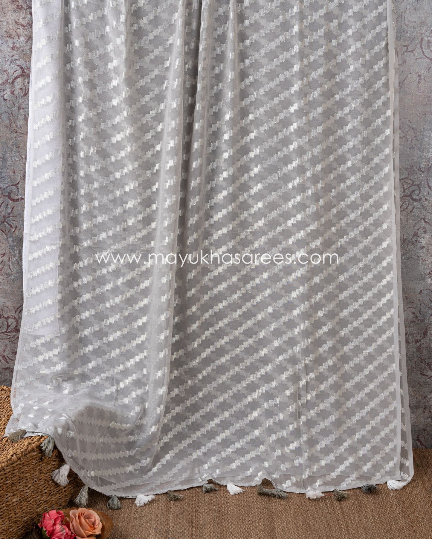 Silver Linen Chikankari Saree With Stitched Custom Blouse, Size 38-44