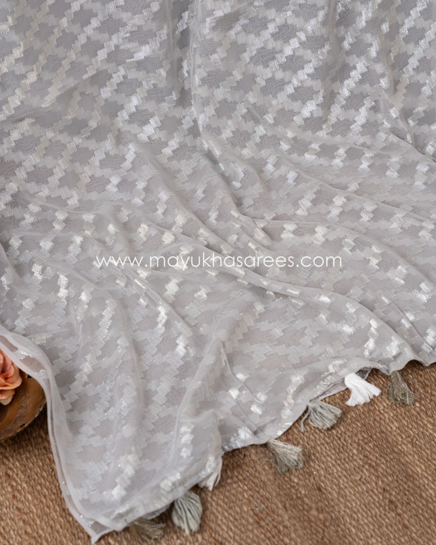 Silver Linen Chikankari Saree With Stitched Custom Blouse, Size 38-44