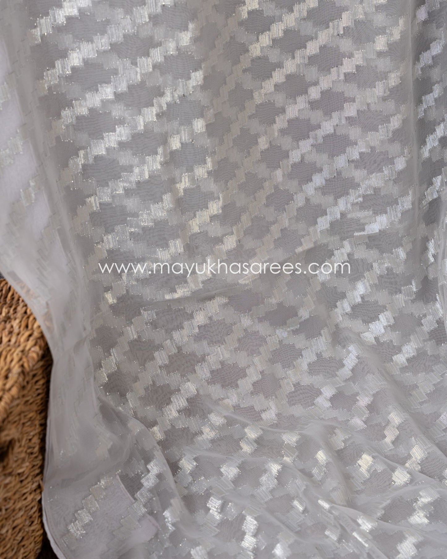 Silver Linen Chikankari Saree With Stitched Custom Blouse, Size 38-44