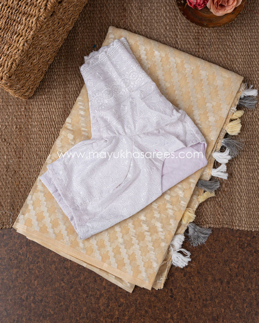Pastel Orange And White Chikankari And Linen Gorgette Saree