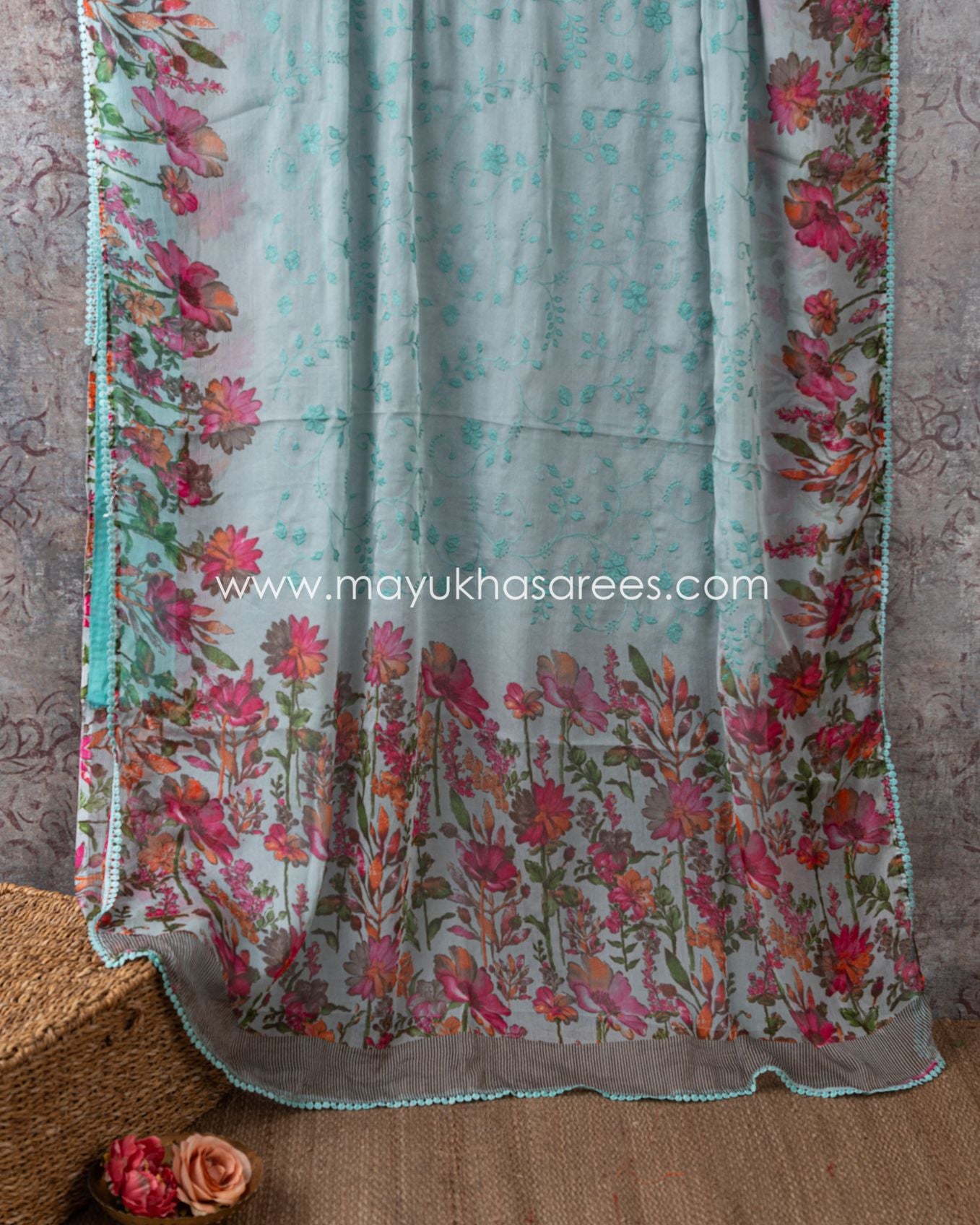 Silk Blossom: Gorgette Floral Print Saree With Stitched Custom Blouse 38-44