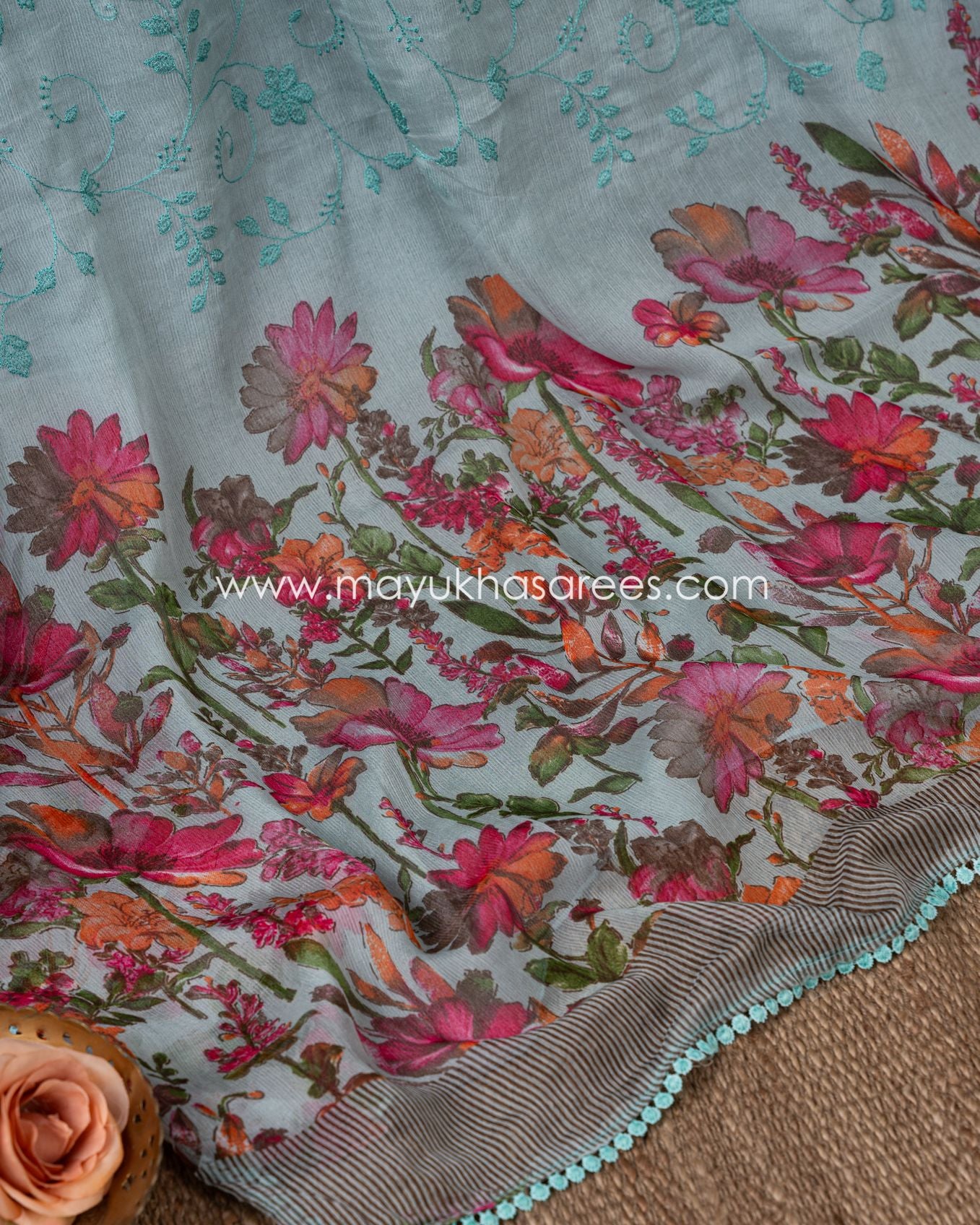 Silk Blossom: Gorgette Floral Print Saree With Stitched Custom Blouse 38-44