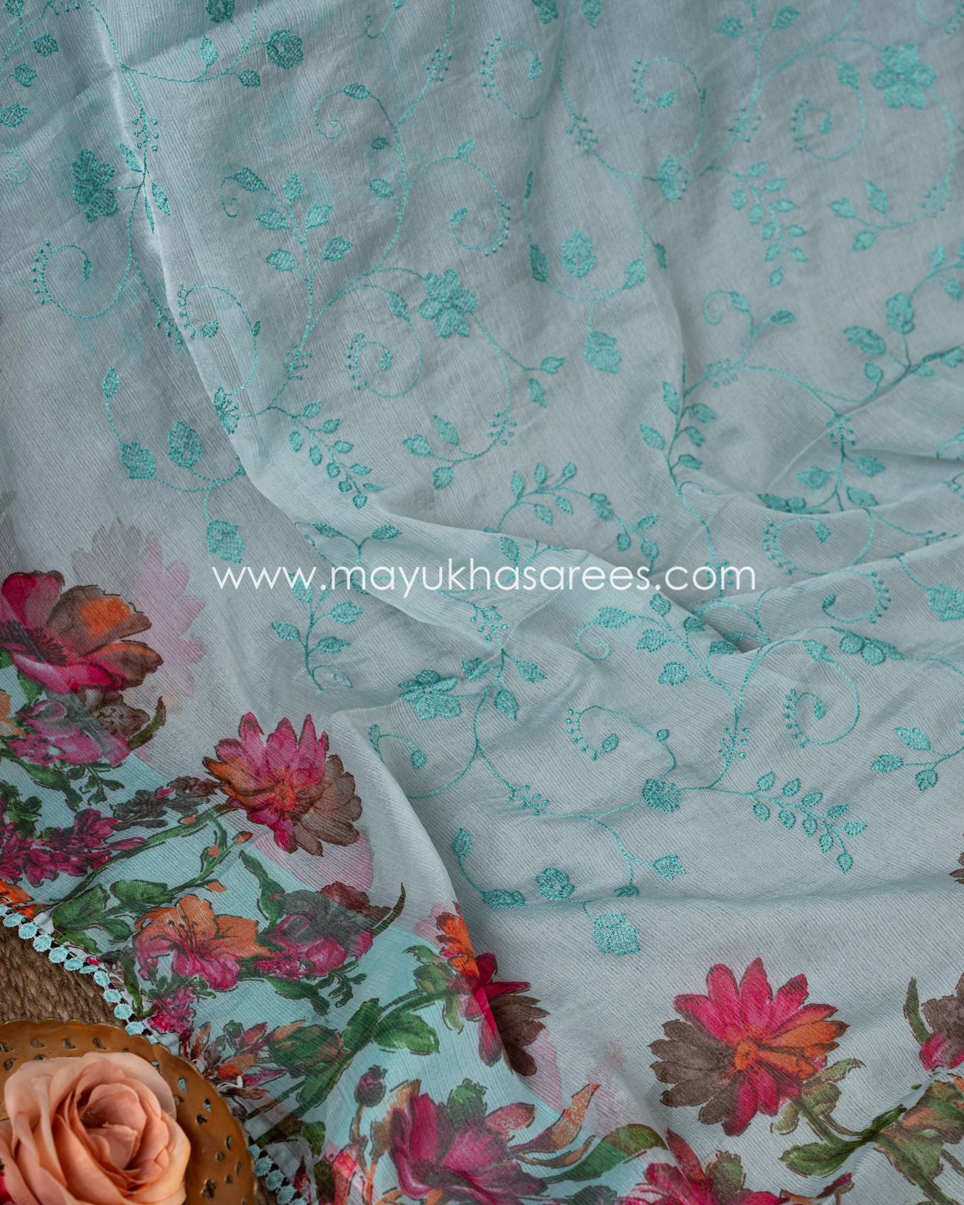 Silk Blossom: Gorgette Floral Print Saree With Stitched Custom Blouse 38-44